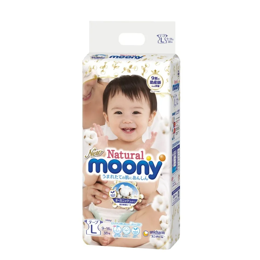 Bỉm tã dán Moony Natural size L 38 miếng (9-14kg) (giao bao bì ngẫu nhiên)