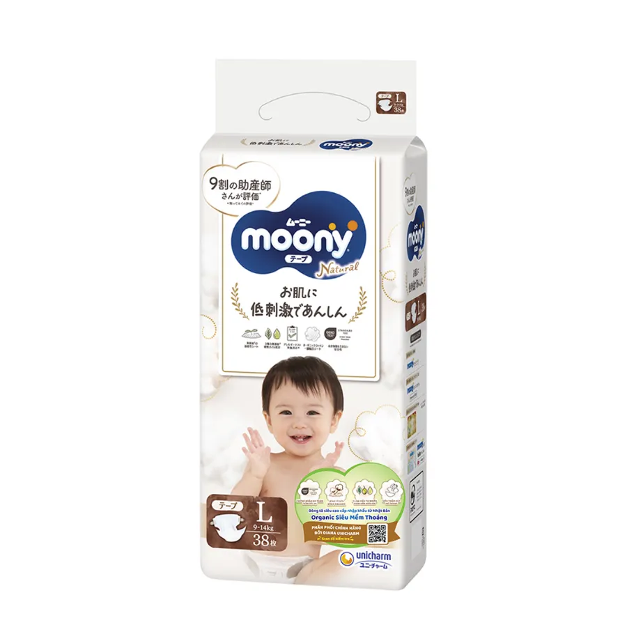 Bỉm tã dán Moony Natural size L 38 miếng (9-14kg) (giao bao bì ngẫu nhiên)