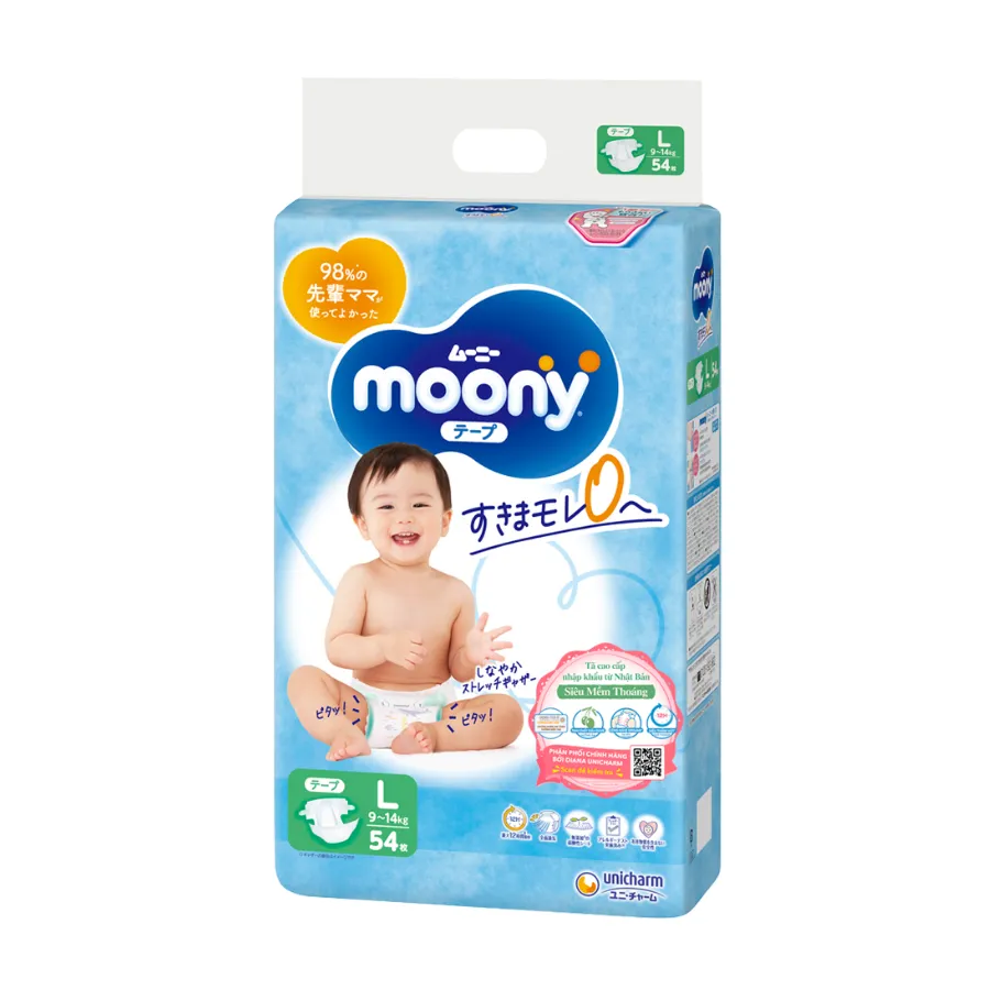 Bỉm tã dán Moony size L, 54 miếng (9-14kg) (giao bao bì ngẫu nhiên)