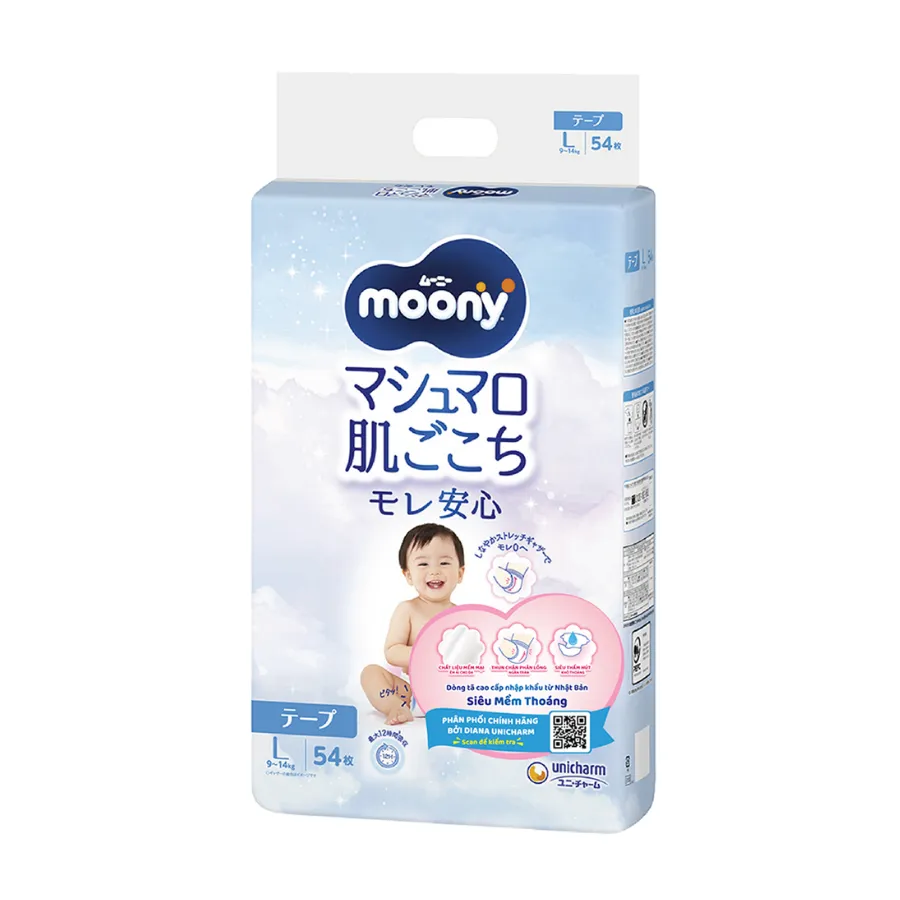 Bỉm tã dán Moony size L, 54 miếng (9-14kg) (giao bao bì ngẫu nhiên)
