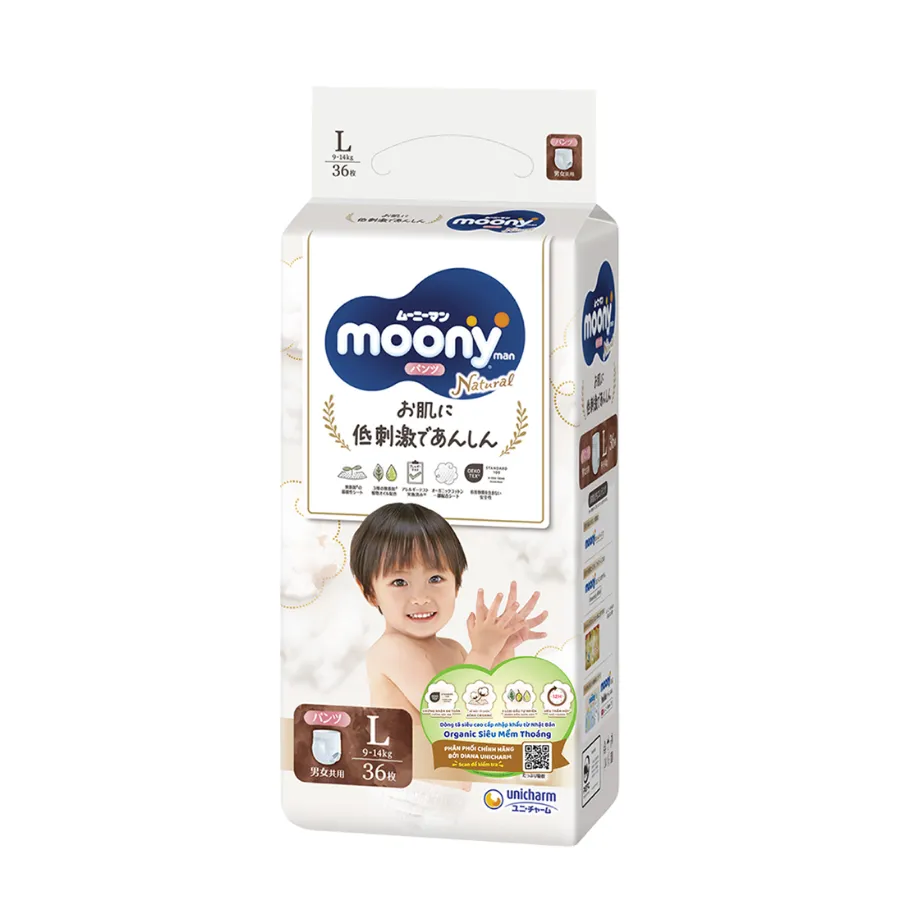 Bỉm tã quần Moony Natural size L 36 miếng (9-14kg) (giao bao bì ngẫu nhiên)
