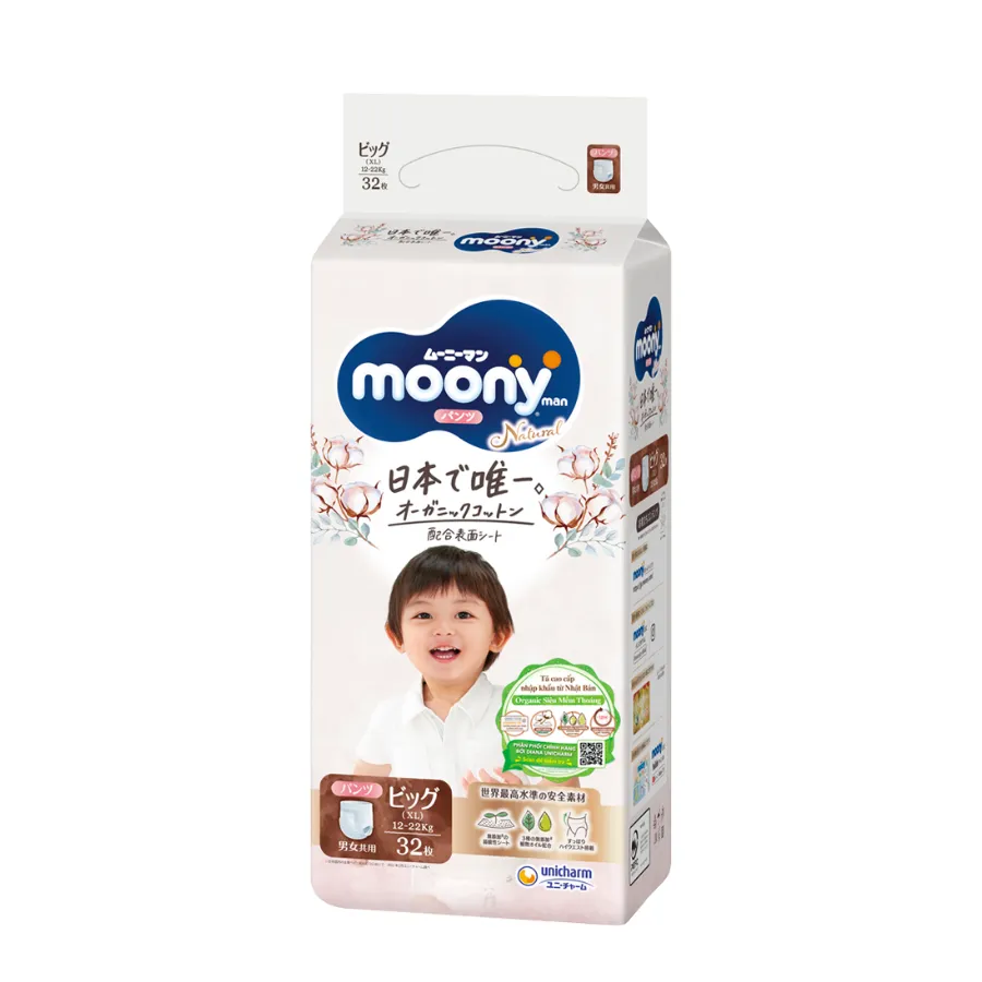 Bỉm tã quần Moony Natural size XL 32 miếng (12-22kg) (giao bao bì ngẫu nhiên)