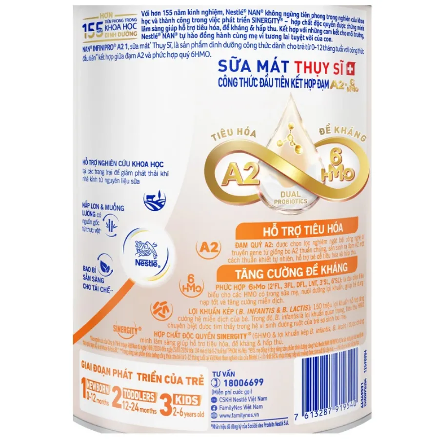 Sữa bột NAN InfiniPro A2 6HMO số 1 (đạm quý A2) 800g (0 - 12 tháng)