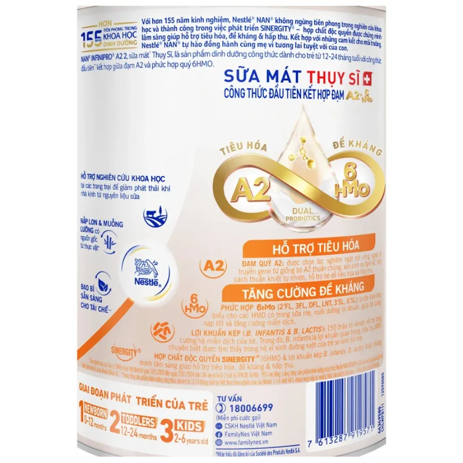 Sữa bột NAN InfiniPro A2 6HMO số 2 (đạm quý A2) 800g (1 - 2 tuổi)