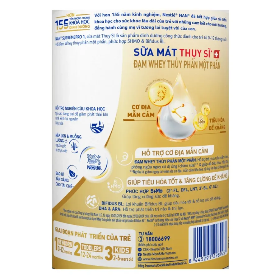 Sữa bột NAN Supremepro số 1 800g (0 - 12 tháng) hỗ trợ trẻ có cơ địa mẫn cảm