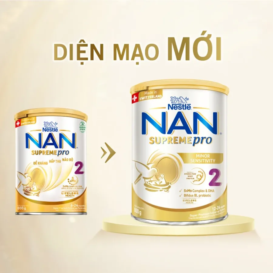 Sữa bột NAN Supremepro số 2 800g (1 - 2 tuổi) hỗ trợ trẻ có cơ địa mẫn cảm