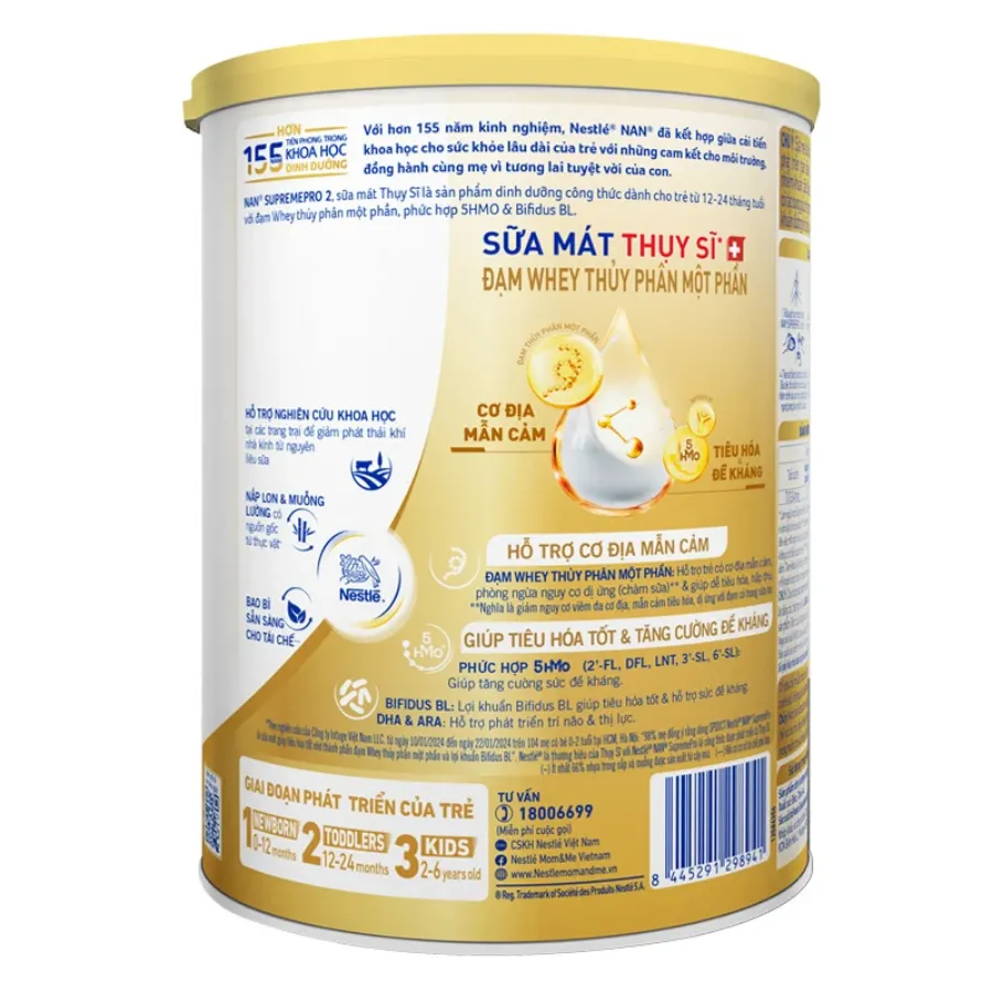 Sữa bột NAN Supremepro số 2 800g (1 - 2 tuổi) hỗ trợ trẻ có cơ địa mẫn cảm