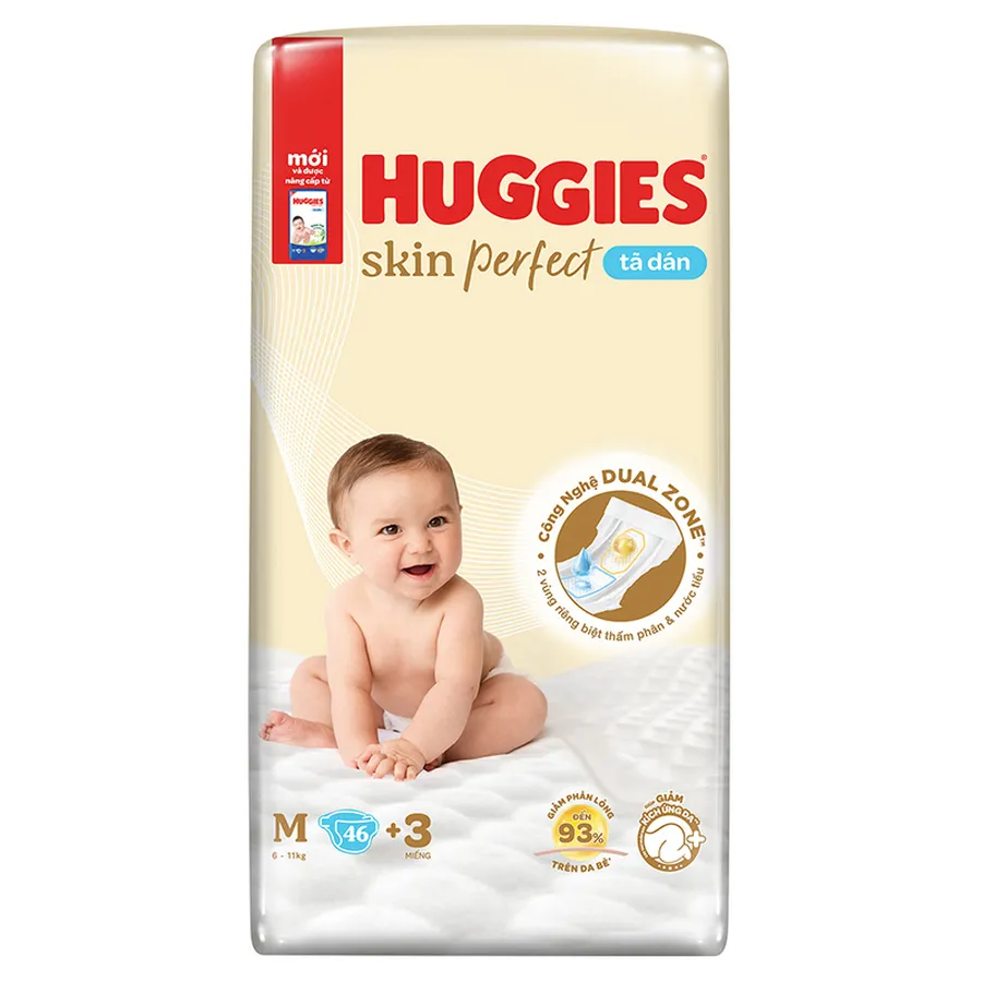 Tã dán Huggies Skin Perfect size M 46 + 3 miếng (6 - 11 kg) - Giao bao bì cộng miếng ngẫu nhiên
