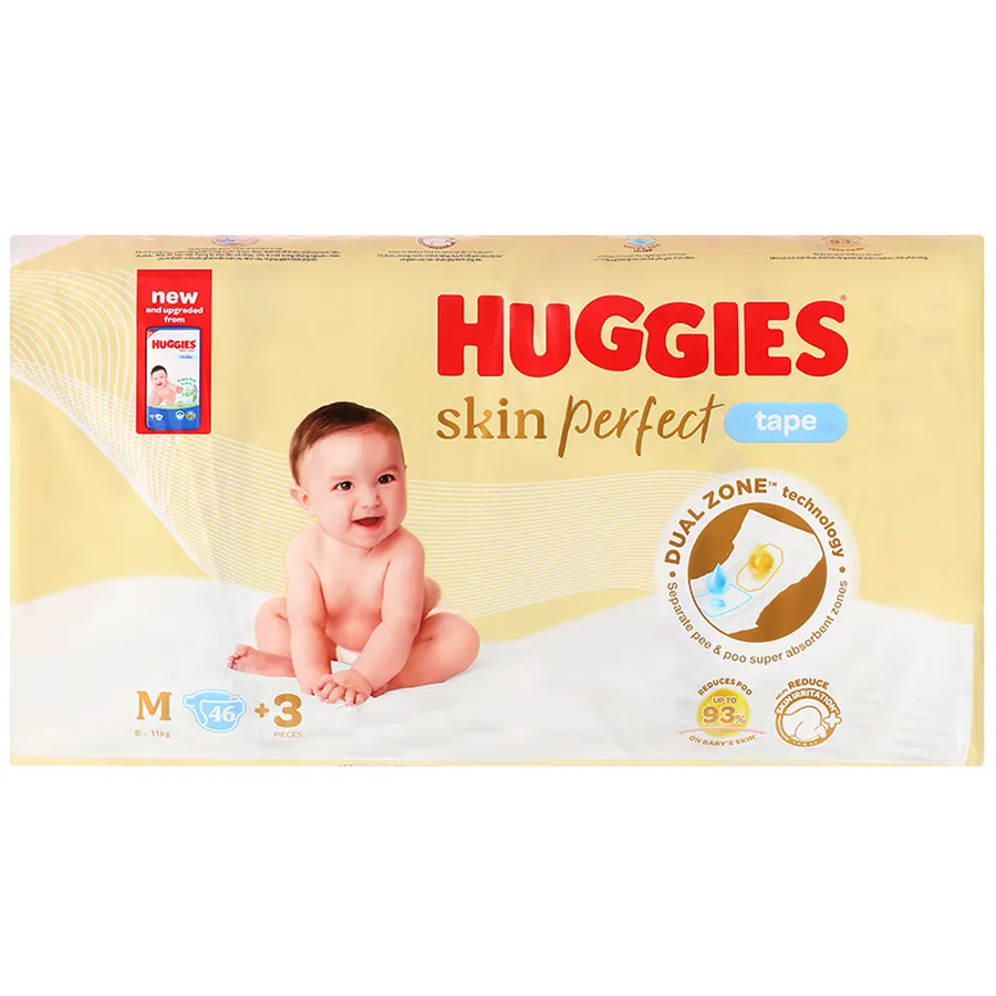 Tã dán Huggies Skin Perfect size M 46 + 3 miếng (6 - 11 kg) - Giao bao bì cộng miếng ngẫu nhiên
