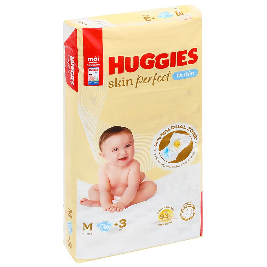 Tã dán Huggies Skin Perfect size M 46 + 3 miếng (6 - 11 kg) - Giao bao bì cộng miếng ngẫu nhiên