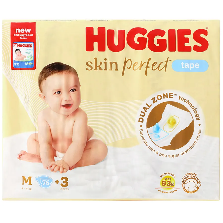 Tã dán Huggies Skin Perfect size M 76 + 3 miếng (6 - 11 kg) - Giao bao bì cộng miếng ngẫu nhiên