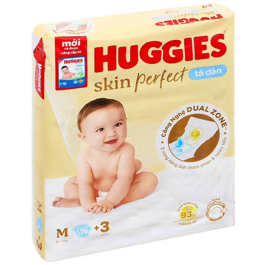 Tã dán Huggies Skin Perfect size M 76 + 3 miếng (6 - 11 kg) - Giao bao bì cộng miếng ngẫu nhiên