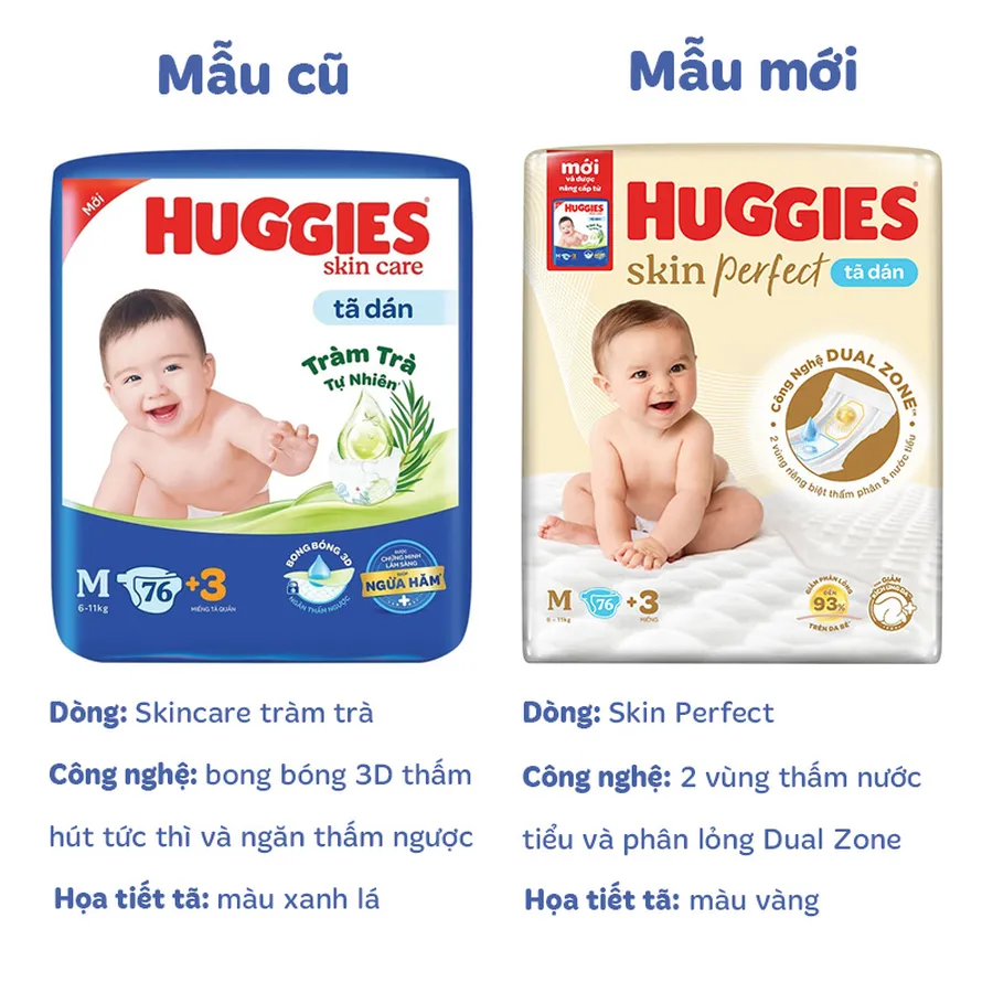 Tã dán Huggies Skin Perfect size M 76 + 3 miếng (6 - 11 kg) - Giao bao bì cộng miếng ngẫu nhiên