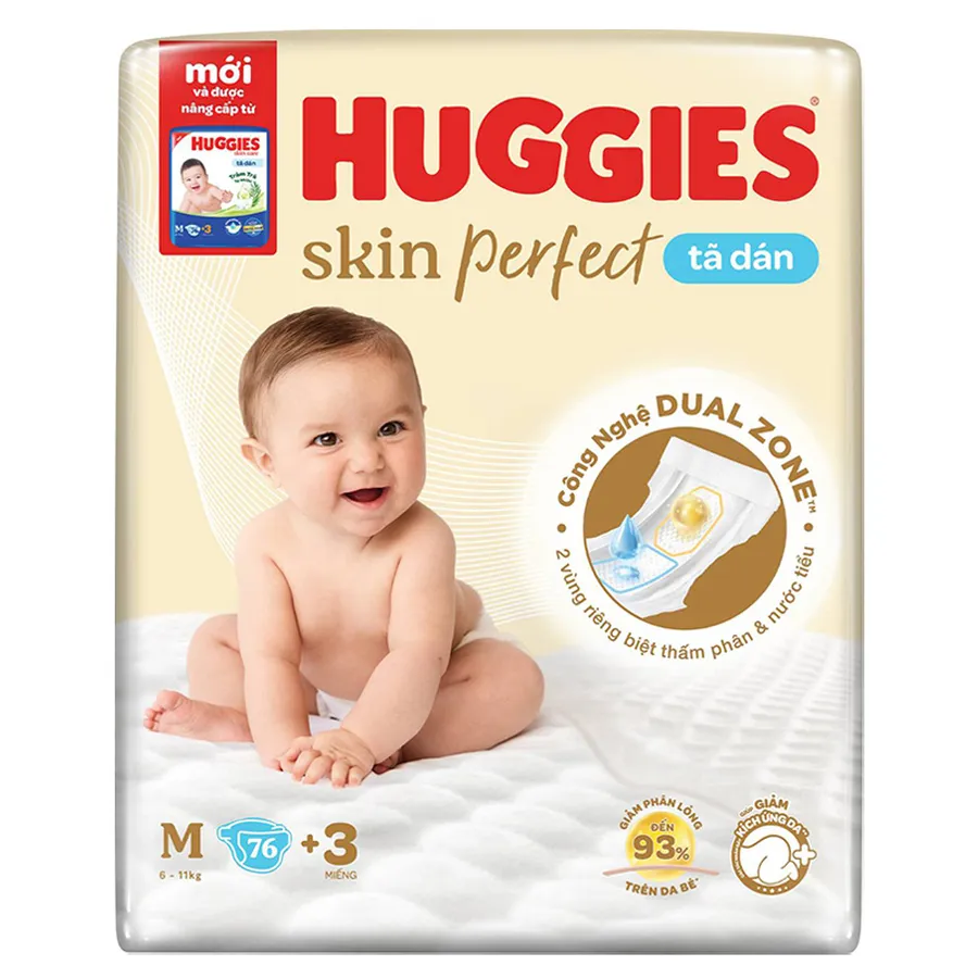 Tã dán Huggies Skin Perfect size M 76 + 3 miếng (6 - 11 kg) - Giao bao bì cộng miếng ngẫu nhiên