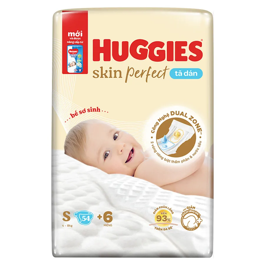 Tã dán Huggies Skin Perfect size S 54 + 6 miếng (4 - 8 kg) - Giao bao bì +4/+6 ngẫu nhiên
