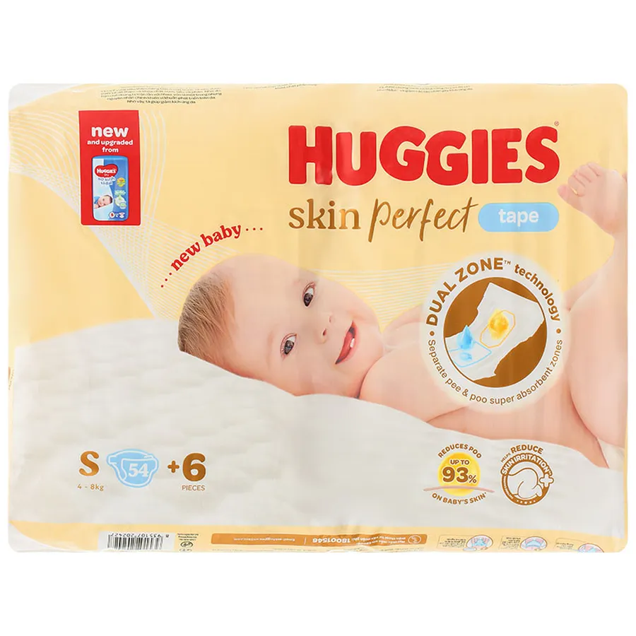 Tã dán Huggies Skin Perfect size S 54 + 6 miếng (4 - 8 kg) - Giao bao bì +4/+6 ngẫu nhiên