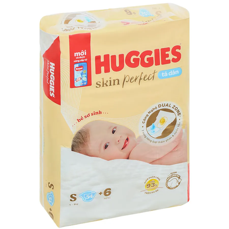 Tã dán Huggies Skin Perfect size S 54 + 6 miếng (4 - 8 kg) - Giao bao bì +4/+6 ngẫu nhiên