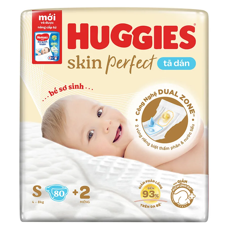 Tã dán Huggies Skin Perfect size S 80 + 2 miếng (4 - 8 kg) - Giao bao bì cộng miếng ngẫu nhiên