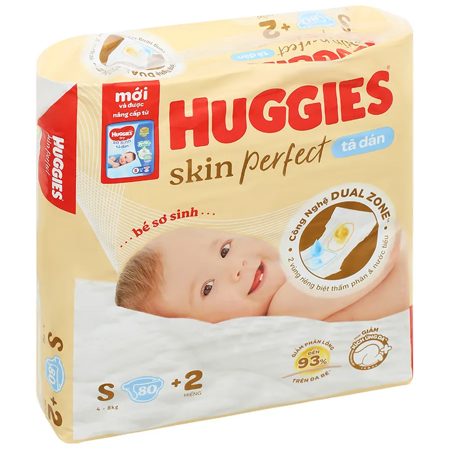 Tã dán Huggies Skin Perfect size S 80 + 2 miếng (4 - 8 kg) - Giao bao bì cộng miếng ngẫu nhiên