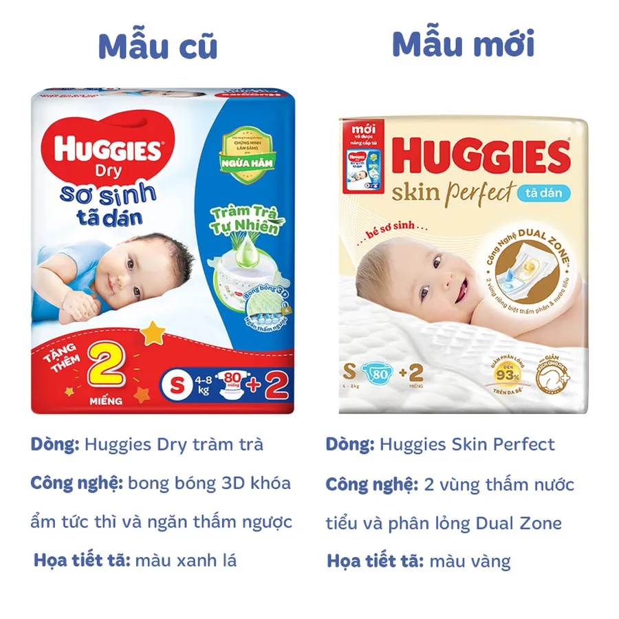 Tã dán Huggies Skin Perfect size S 80 + 2 miếng (4 - 8 kg) - Giao bao bì cộng miếng ngẫu nhiên