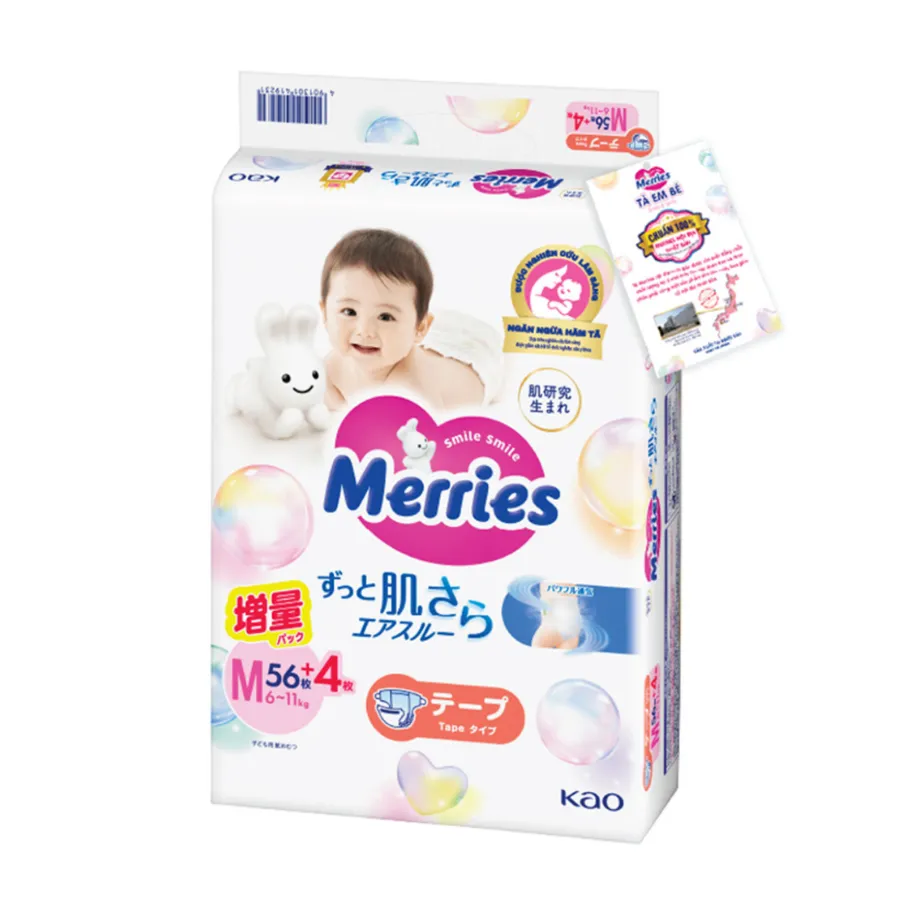 Tã dán Merries nội địa (M, 6-11kg, 56 + 4 miếng)