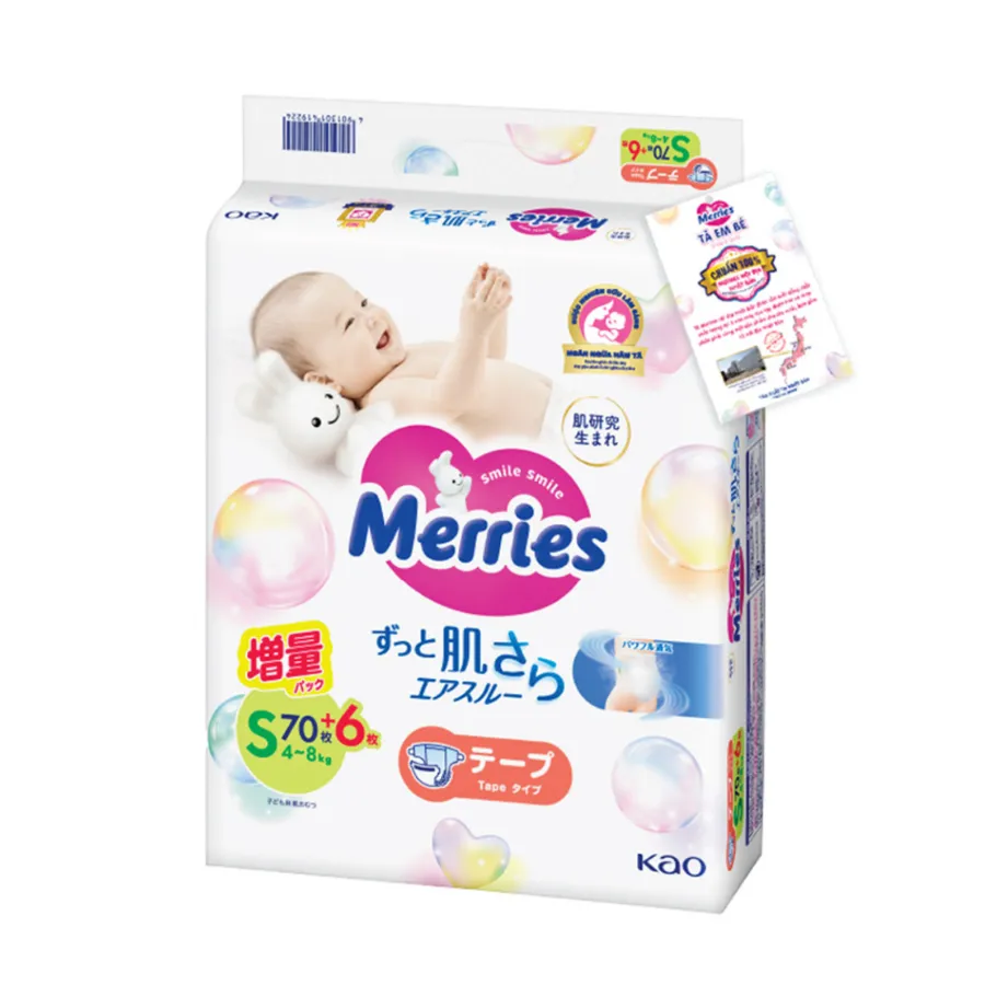 Tã dán Merries nội địa (S, 4-8kg, 70 + 6 miếng)