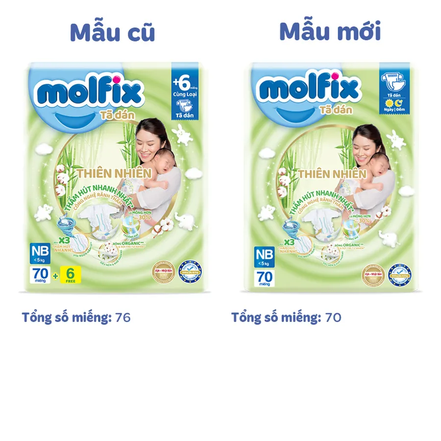 Tã dán Molfix thiên nhiên size NB 70 (Dưới 5 kg) - giao bao bì ngẫu nhiên
