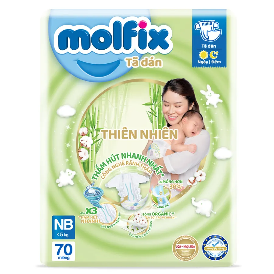 Tã dán Molfix thiên nhiên size NB 70 (Dưới 5 kg) - giao bao bì ngẫu nhiên