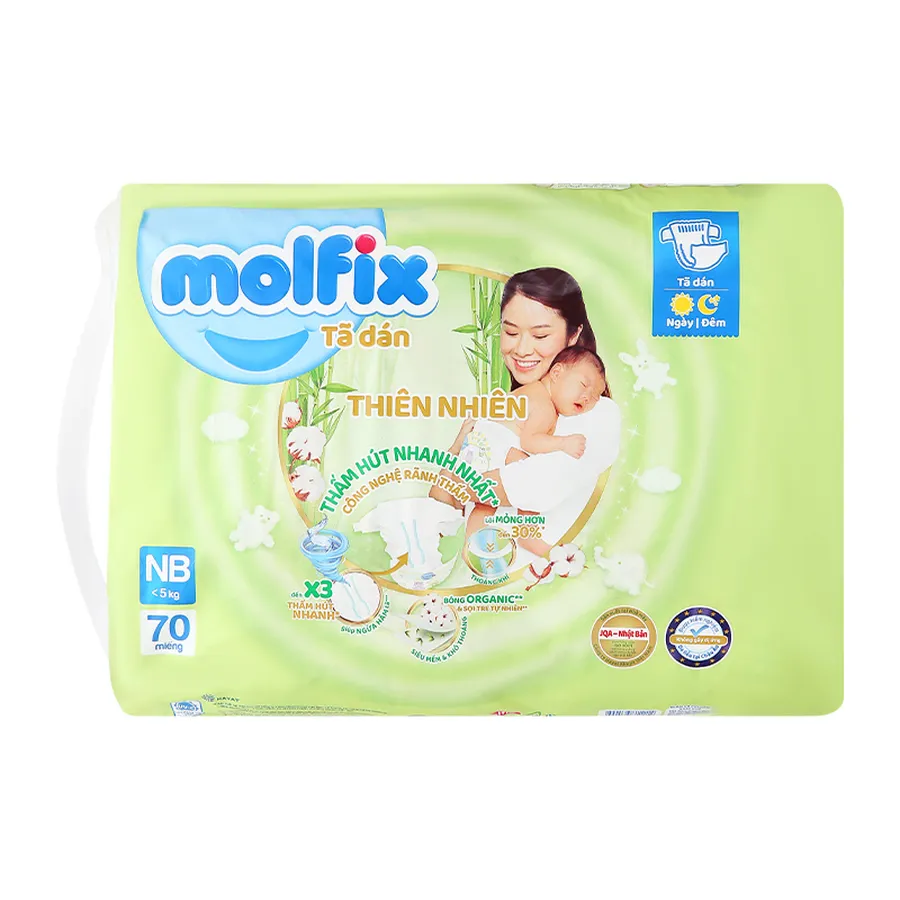 Tã dán Molfix thiên nhiên size NB 70 (Dưới 5 kg) - giao bao bì ngẫu nhiên