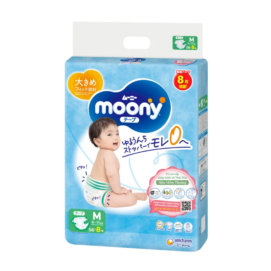 Tã dán Moony (M, 56 miếng + 8 miếng)