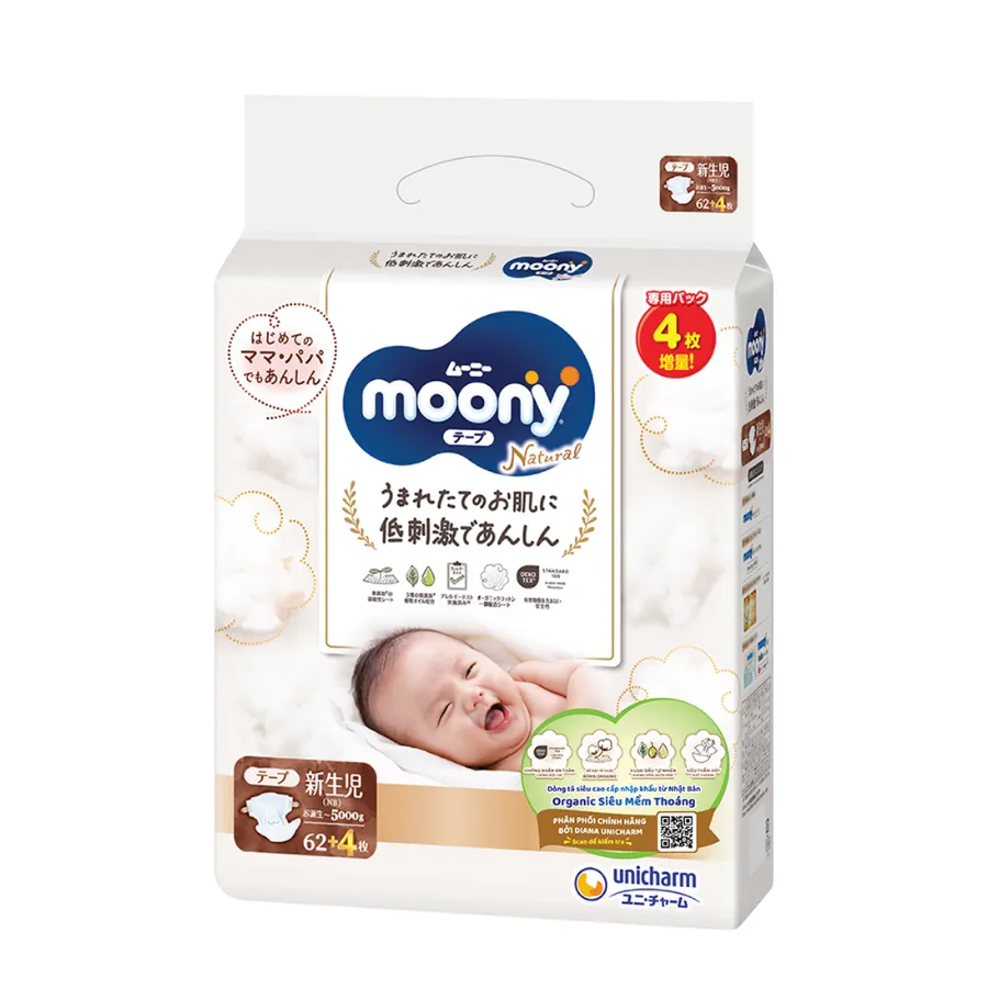 Tã dán Moony Natural / Moony Dịu nhẹ (NB, 62 miếng + 4 miếng) (giao bao bì ngẫu nhiên)