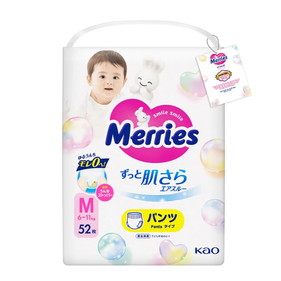 Tã quần Merries nội địa (M, 6-11kg, 52 + 6 miếng)