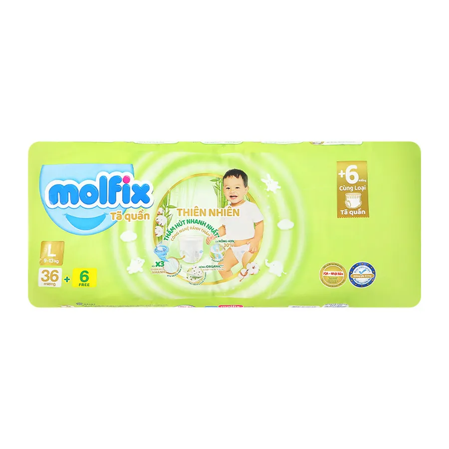 Tã quần Molfix thiên nhiên size L 36 + 6 miếng (9 - 13 kg)