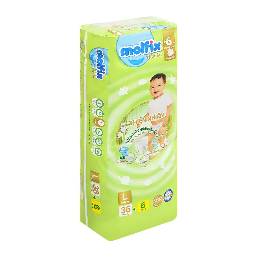 Tã quần Molfix thiên nhiên size L 36 + 6 miếng (9 - 13 kg)