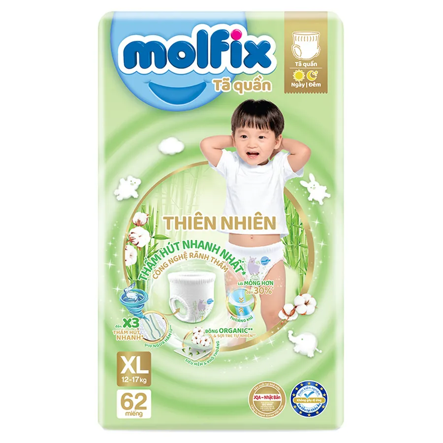 Tã quần Molfix thiên nhiên size XL 62 miếng (12 - 17 kg)