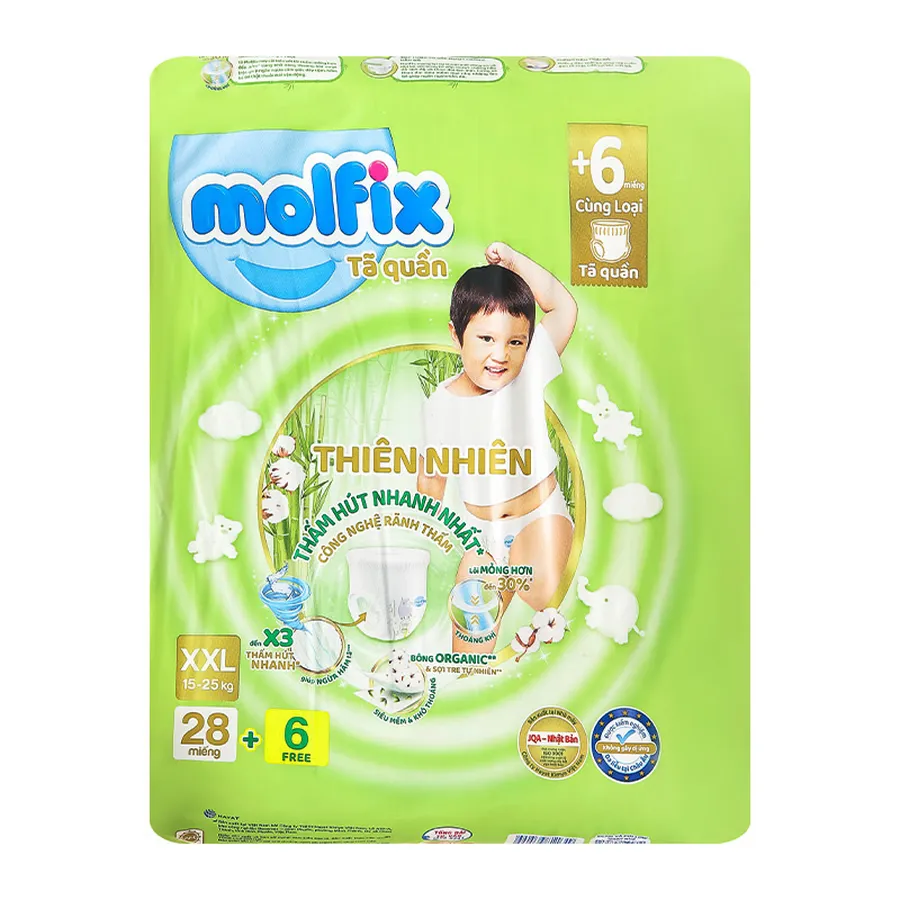 Tã quần Molfix thiên nhiên size XXL 28 + 6 miếng (15 - 25 kg)