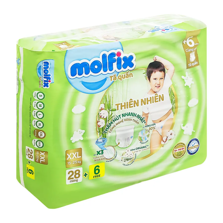 Tã quần Molfix thiên nhiên size XXL 28 + 6 miếng (15 - 25 kg)