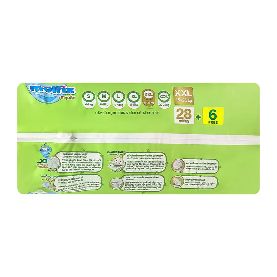 Tã quần Molfix thiên nhiên size XXL 28 + 6 miếng (15 - 25 kg)