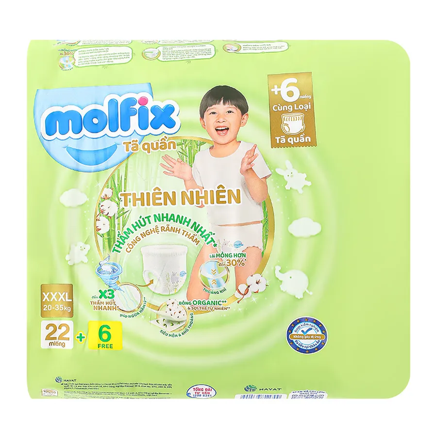 Tã quần Molfix thiên nhiên size XXXL 22 + 6 miếng (20 - 35 kg) - giao bao bì ngẫu nhiên