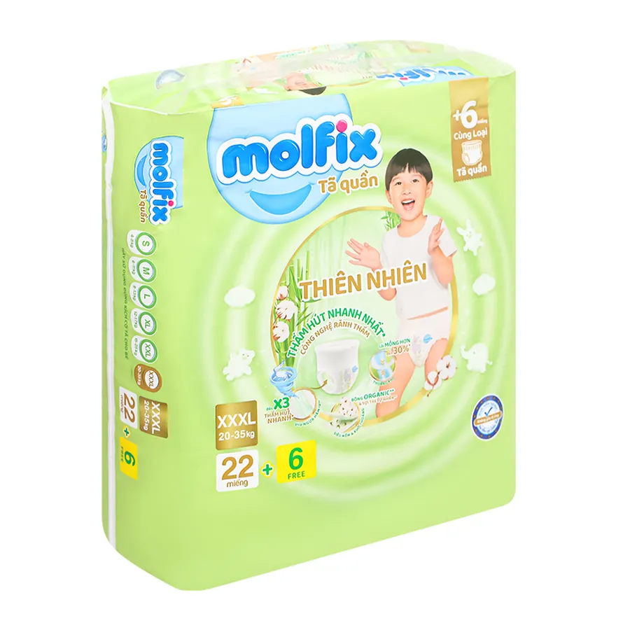 Tã quần Molfix thiên nhiên size XXXL 22 + 6 miếng (20 - 35 kg) - giao bao bì ngẫu nhiên