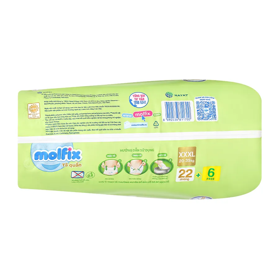 Tã quần Molfix thiên nhiên size XXXL 22 + 6 miếng (20 - 35 kg) - giao bao bì ngẫu nhiên