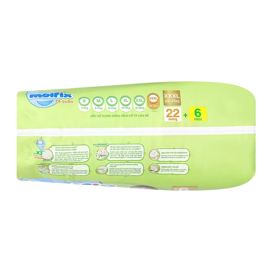 Tã quần Molfix thiên nhiên size XXXL 22 + 6 miếng (20 - 35 kg) - giao bao bì ngẫu nhiên