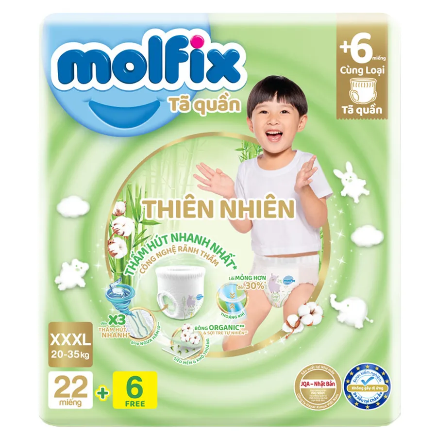 Tã quần Molfix thiên nhiên size XXXL 22 + 6 miếng (20 - 35 kg) - giao bao bì ngẫu nhiên