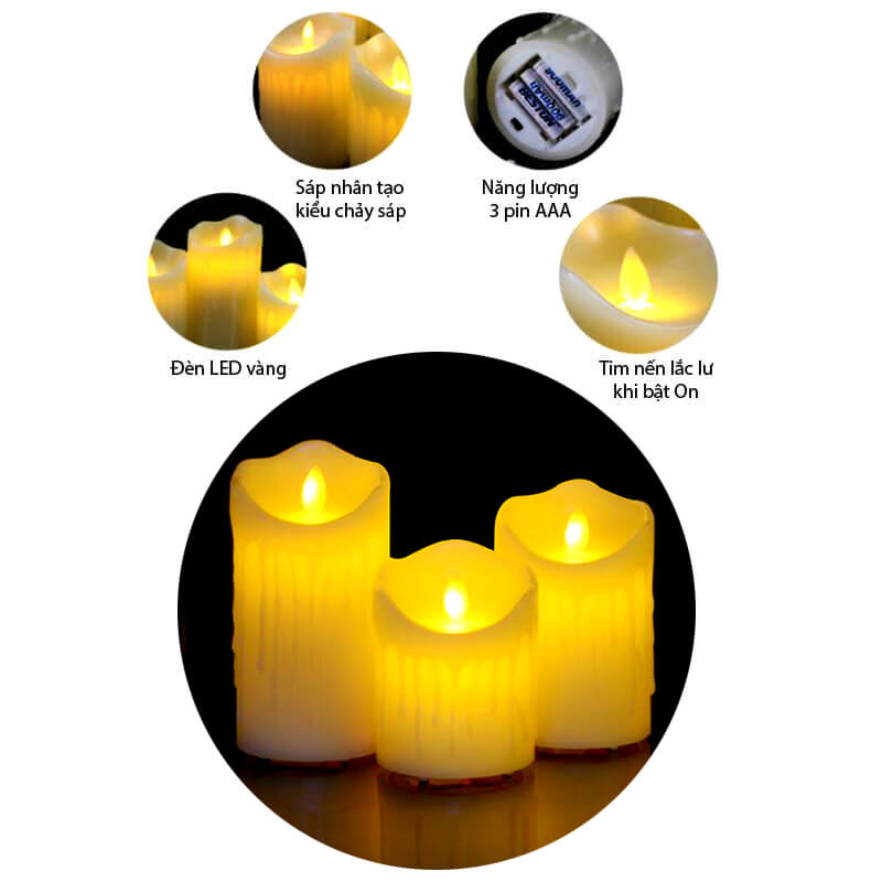 bộ 3 nến điện tử vỏ sáp chảy bộ 3 nến điện tử vỏ sáp chảy