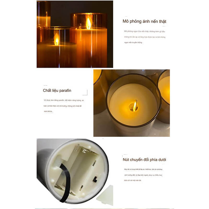 Bộ Ba Nến Điện Tử Thủy Tinh Màu Xám Bộ Ba Nến Điện Tử Thủy Tinh Màu Xám