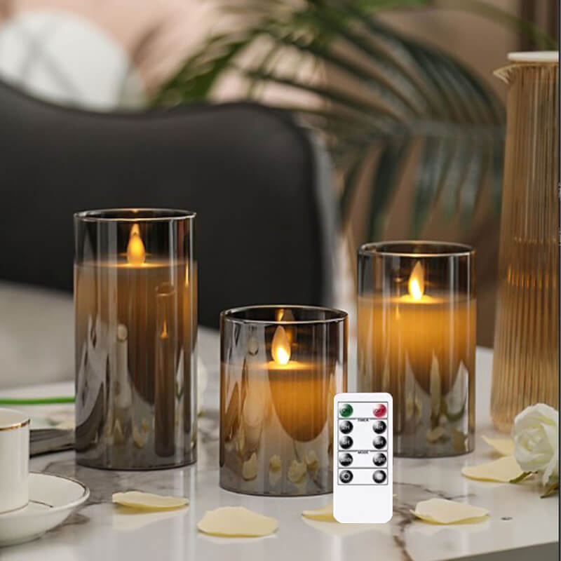 Bộ Ba Nến Điện Tử Thủy Tinh Màu Xám Bộ Ba Nến Điện Tử Thủy Tinh Màu Xám