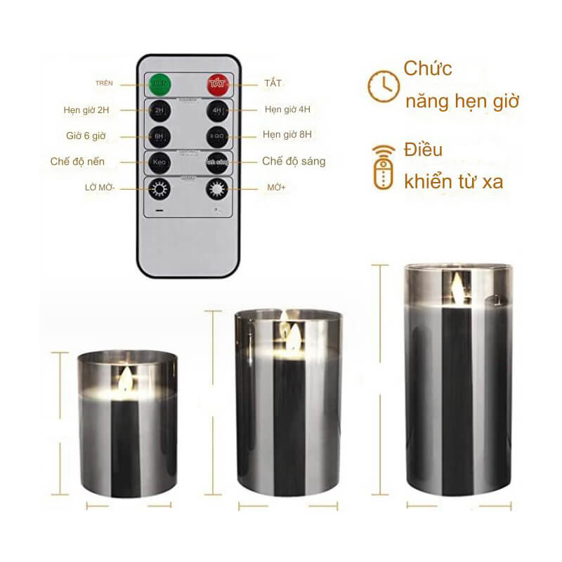 Bộ Ba Nến Điện Tử Thủy Tinh Màu Xám Bộ Ba Nến Điện Tử Thủy Tinh Màu Xám