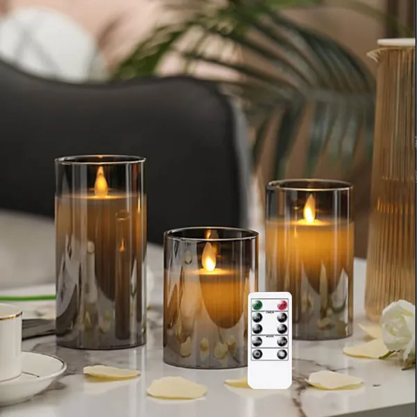 Bộ Ba Nến Điện Tử Thủy Tinh Màu Xám – “Vũ Khí” Decor Sang Trọng Cho Mọi Dịp
