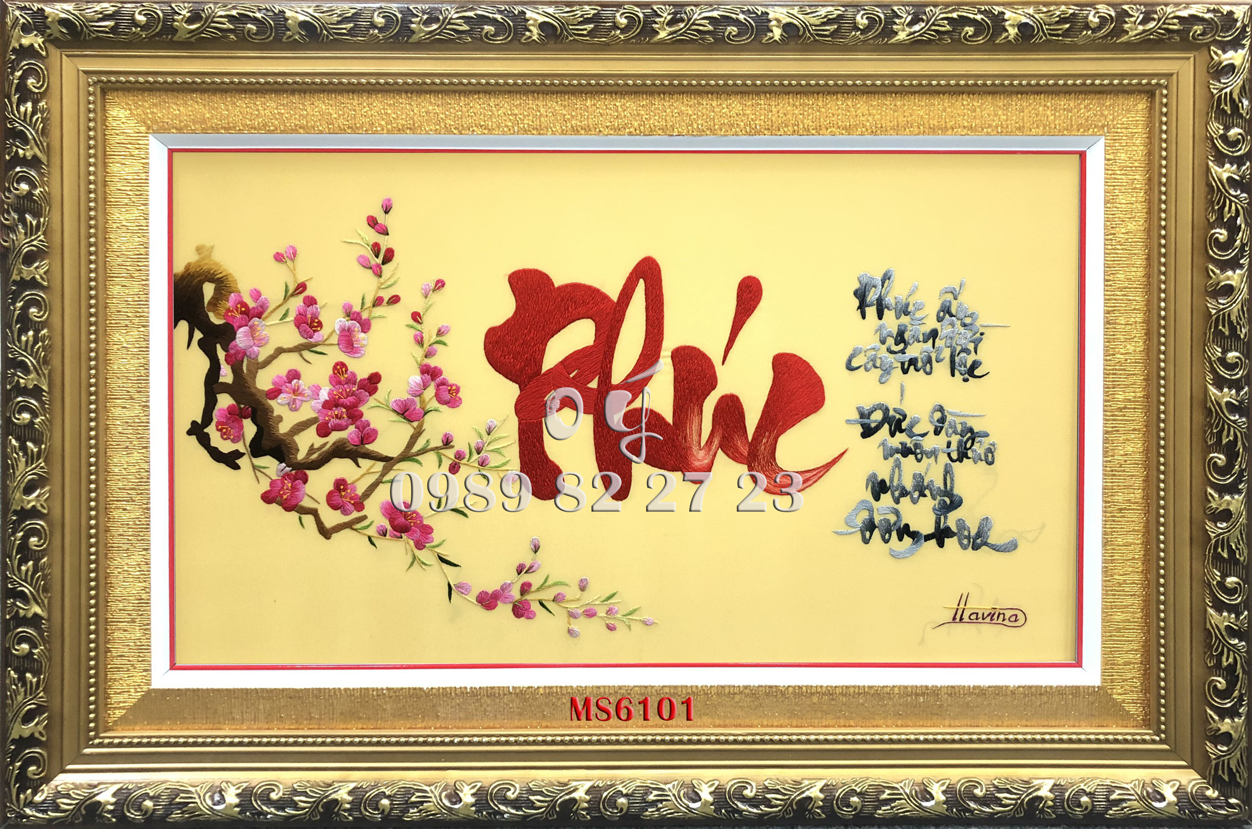 tranh thêu hoa đào chữ Phúc