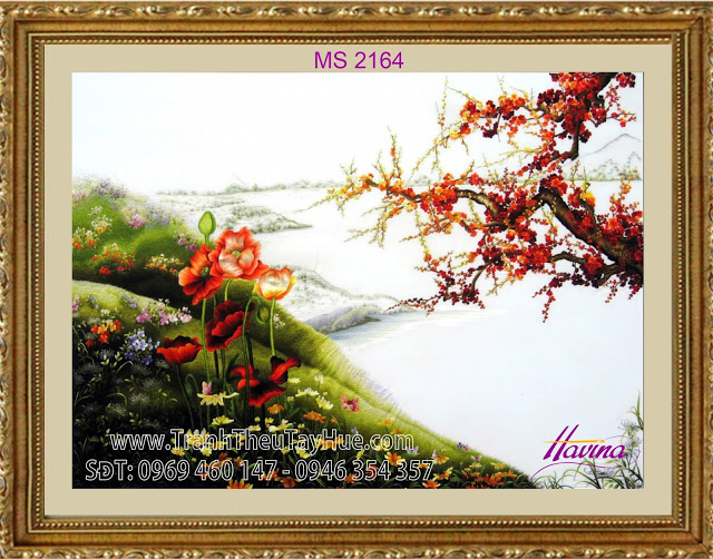 Tranh thêu hoa đào treo phòng khách